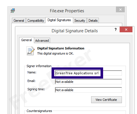 Screenshot of the GreenTree Applications srl certificate